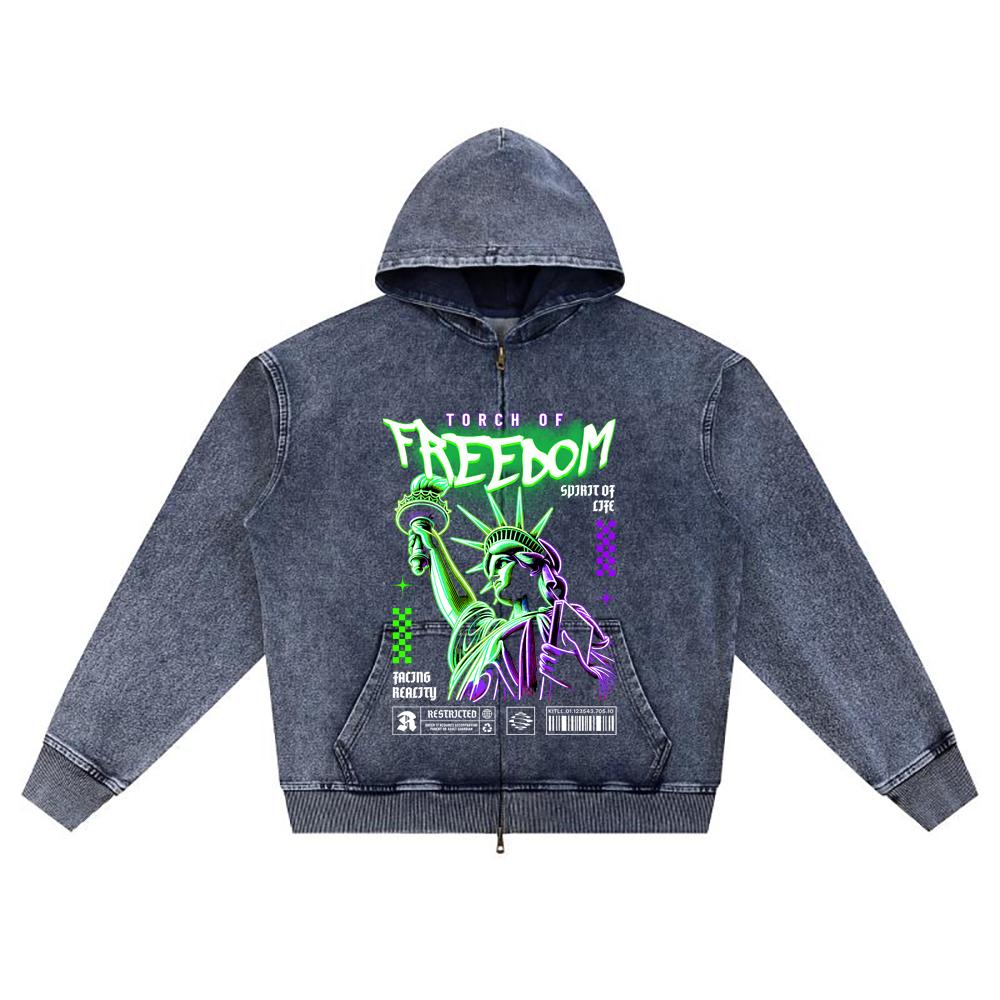 

DTG print Knitted Denim Zip-Up Hoodie Torch Of Freedom Brother Print Zipper Hoodies XL темно-синий
