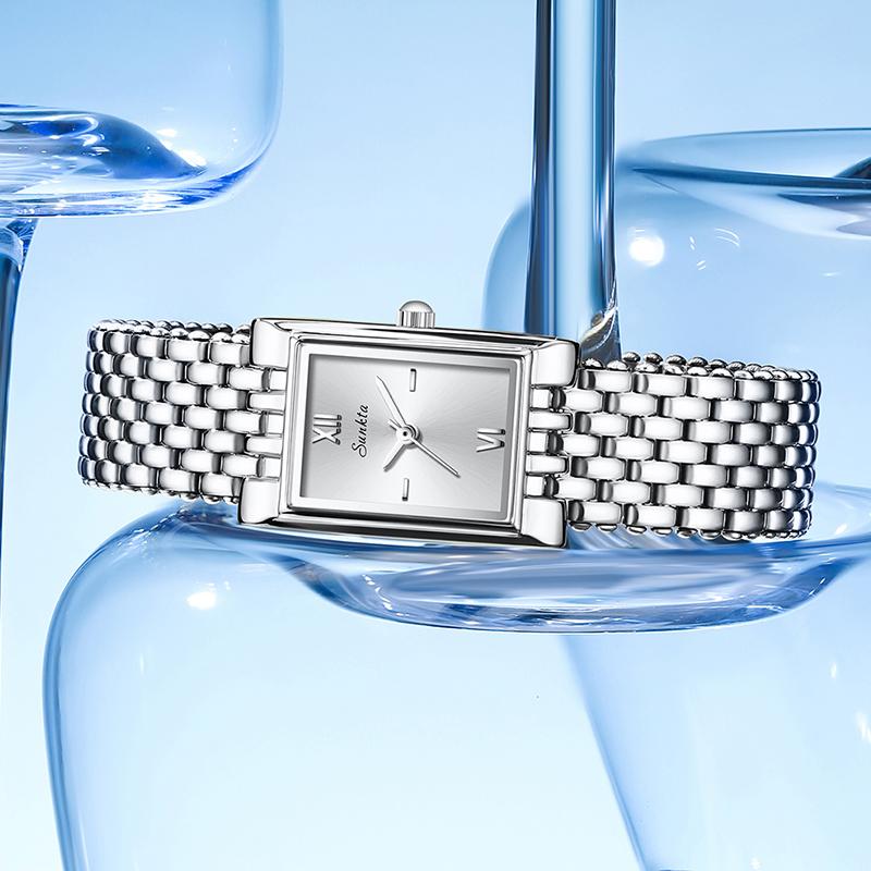 SUNKTA Montre Mode Femme Carrée Créative Acier Inoxydable Étanche Pour Femmes Élégant Bracelet Montre à Quartz Dames
