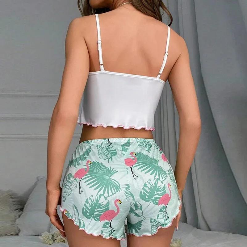 Women's Pyjamas Sleepwear Cute Cartoon Flamingo Print Pajamas Set Summer Sleeveless V-Neck Top Shorts Homewear Loungewear