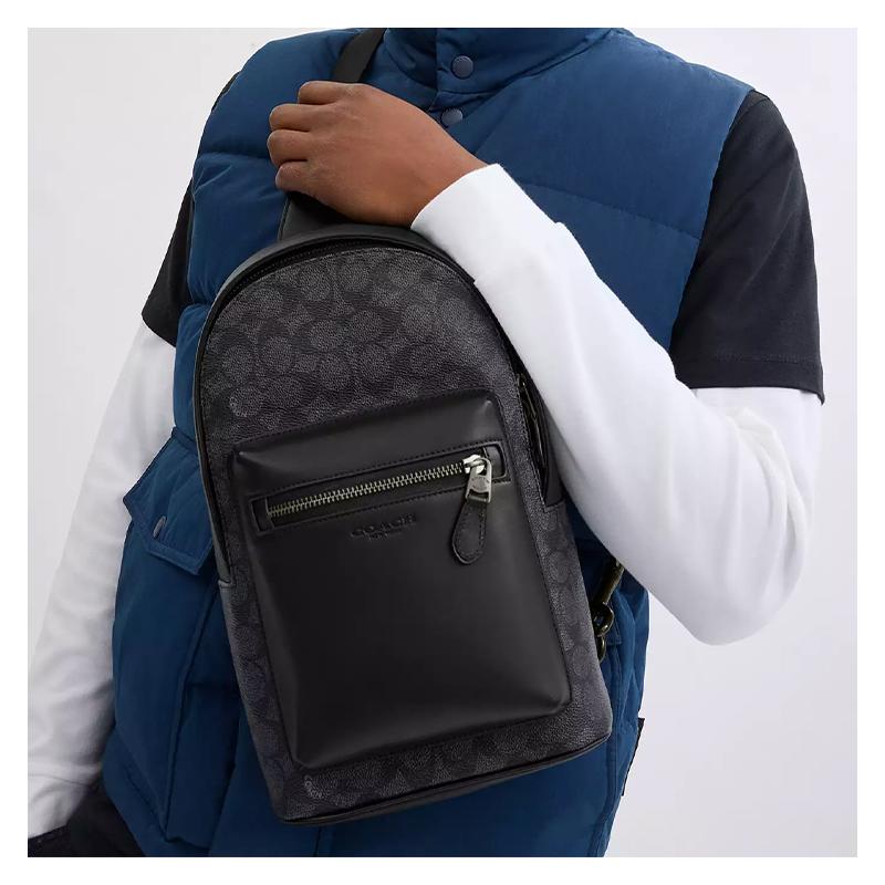 Coach West Pack 20 Metal Logo Zip Closure Coated Canvas Crossbody Chest Bag Small Men's Charcoal and Black