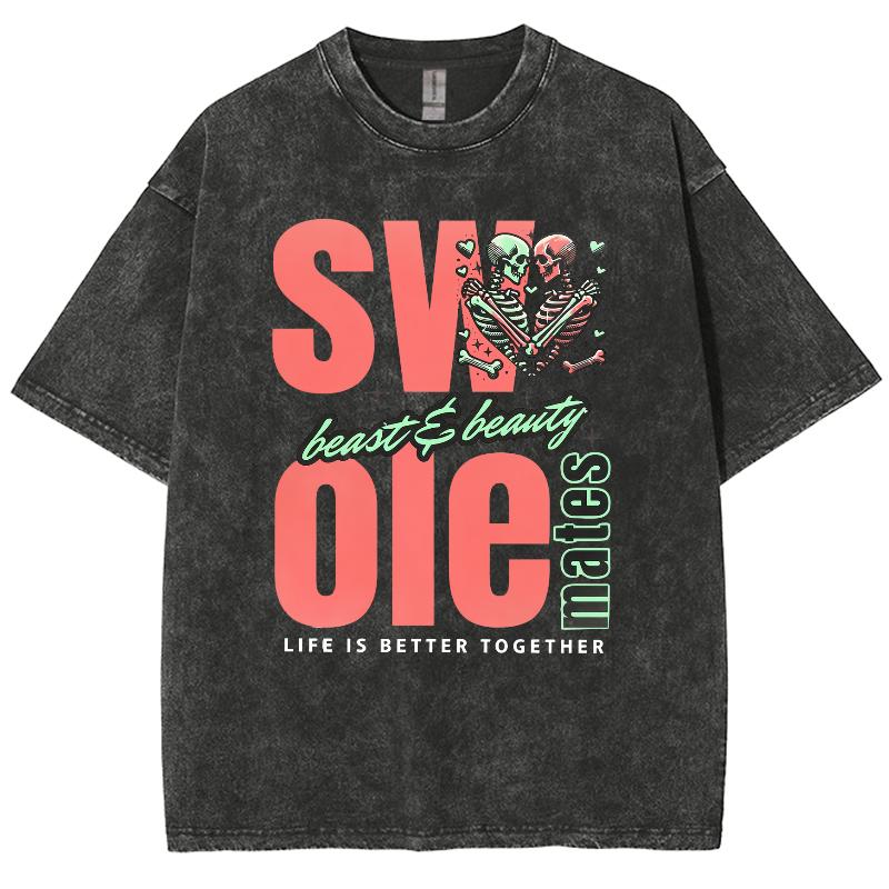Casual Minimalist Oversized Monogram Print Women's T-Shirt Summer Comfortable Crewneck Washed Short Sleeve Street Top