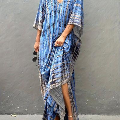 Übergröße Boho Cover-up, Damen Übergröße Gestreiftes Fledermausärmel V-Ausschnitt Geschlitzt Maxi Kaftan Cover-up Kleid
