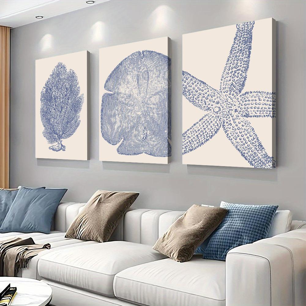 3 Pieces of Mediterranean Style Blue Coral Decoration Paintings, Modern and Simple Living Room Entrance Wall Decoration Canvas P