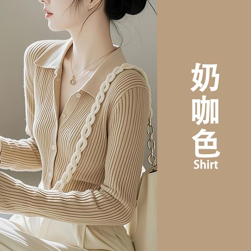 

New autumn and winter solid color lapel slim-fit sweater knitted sweater cardigan women s top average size