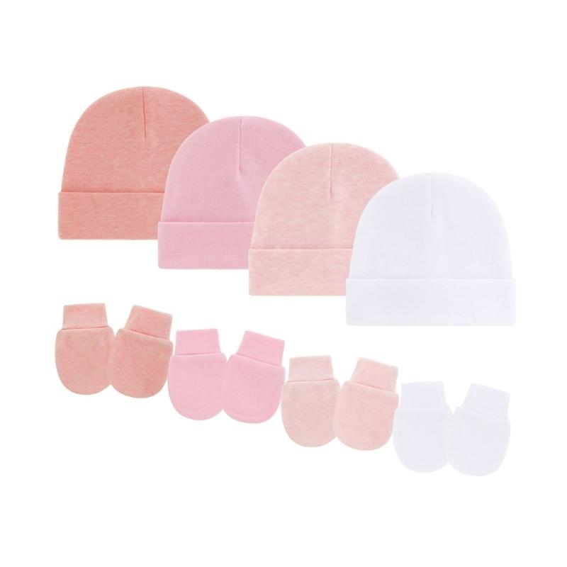 

4 Set Baby Bonnet Cap Feature Foldable Edge with Mittens Cotton Fabric Gentle On Sensitive Skin Multiple Color Available