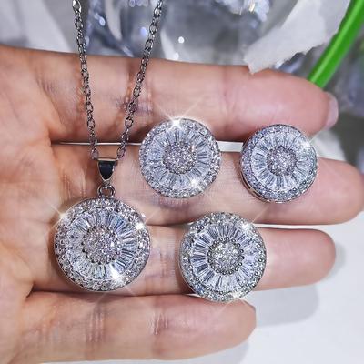 Popular Fashion Round Jewelry Gift  Silver Micro-set Zircon Pendant Earrings Bracelet Ring Three-piece Party Birthday