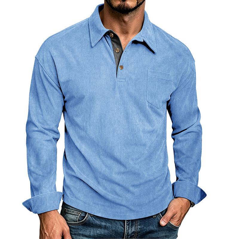 Mens Long Sleeve Corduroy Polo Shirt Casual Autumn Top