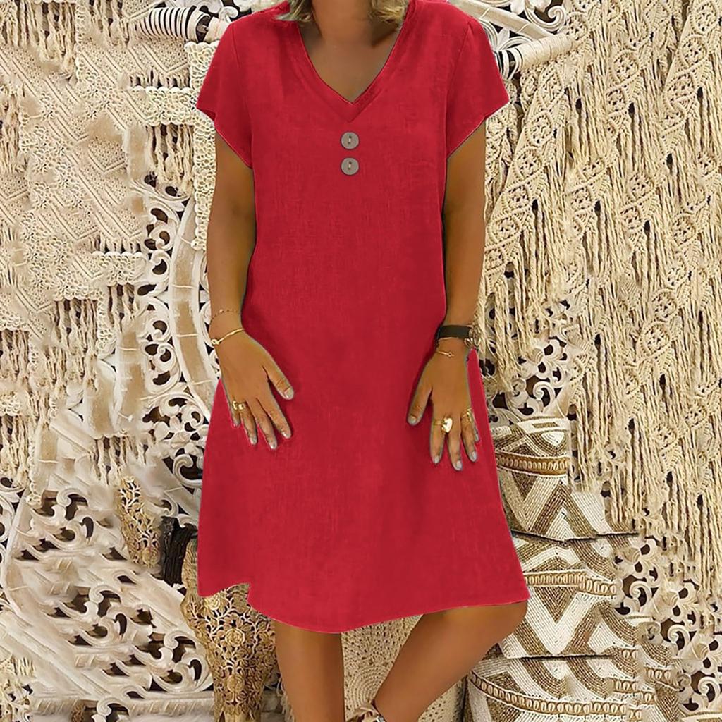 Women's Fashionable Retro V-Neck Short-Sleeve Casual Cotton-Linen Dress