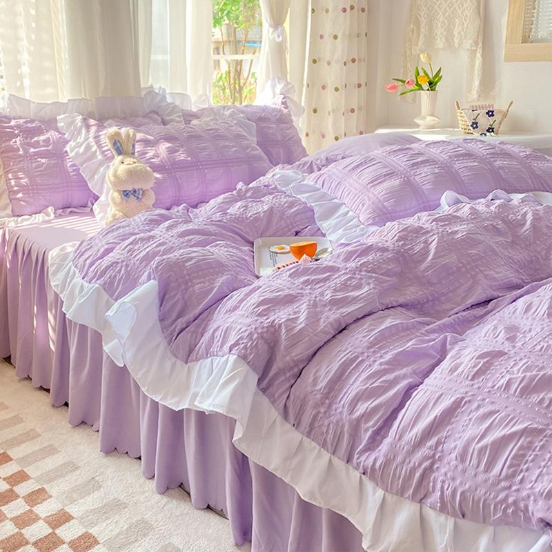 

Korean Princess Seersucker Bedding Kawaii Ruffle Lace Bed Skirt Duvet Cover Solid Color Queen Size Double Sheets Sets For Girls Skirt Bed Sheet&Twin 1.2m bed (3pcs) фіолетовий