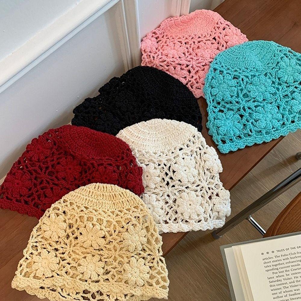 Handmade Crochet Flower Hat Weave Beanies Cap Ins Knit Basin Caps  Girls