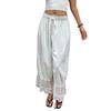 White Wide Leg Pants with Lace Trim Hem