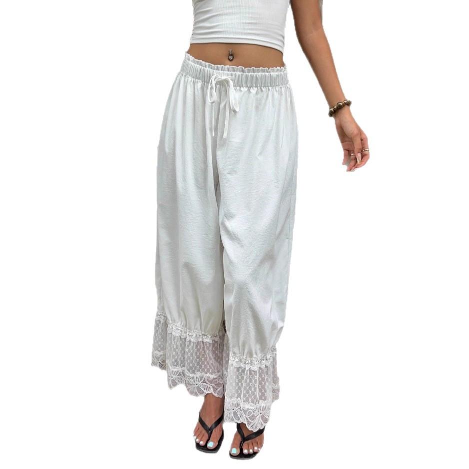 White Wide Leg Pants with Lace Trim Hem