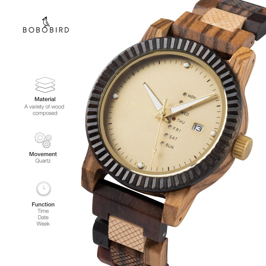 BOBO BIRD Wooden Watch Analog Quartz Day Calendar Display Lightweight Handmade Wooden Wristwatch Men's Men's (Beige)