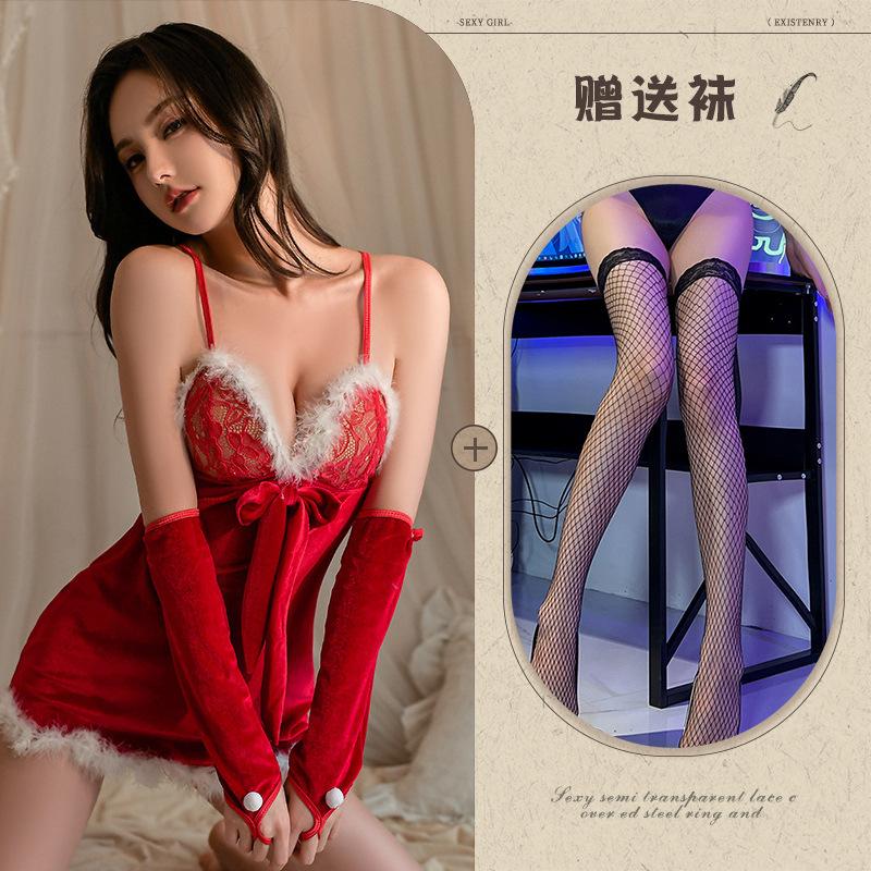 Sex underwear women's sexy plush suspender short skirt Christmas dress free