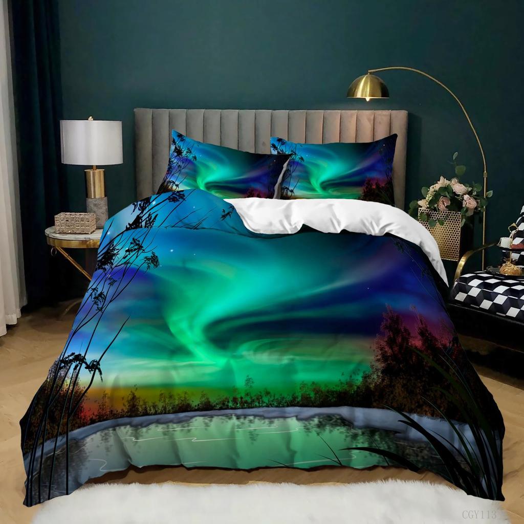 Aurora Borealis Polyester Bettbezug-Set Baum unter Magnetfeld der Natur mit Nordlichter-Landschaftsbild King Size