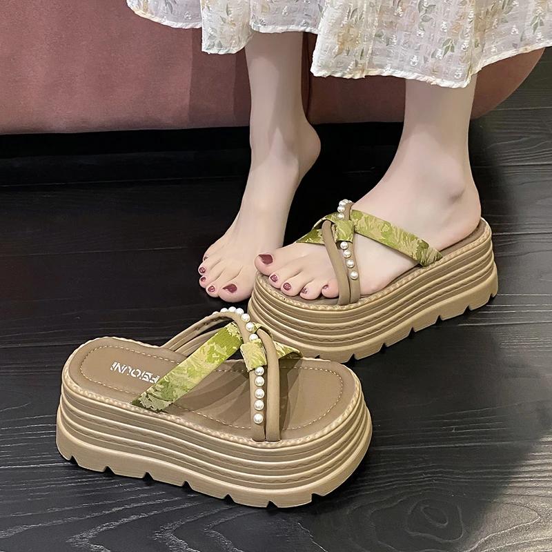 Fashion 8CM High Platform Slippers Women 2025 Summer New Thick-soled Ladies High Heels Beach Sandals Pearl Silk Ethnic style Flip Flops