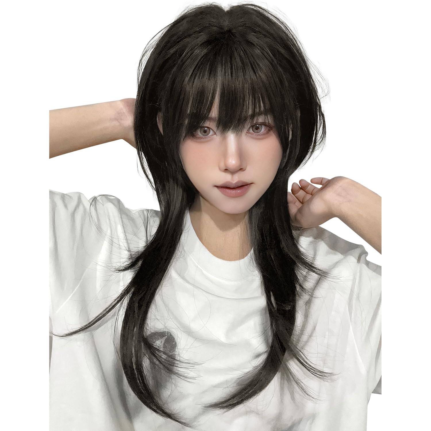 

UncleHu Long Straight Layered Full Wig for Everyday Small Net and Comb Included Wig, Cosplay, Wear, Women s, Crossdressing, Natural-Looking, Face, чёрный