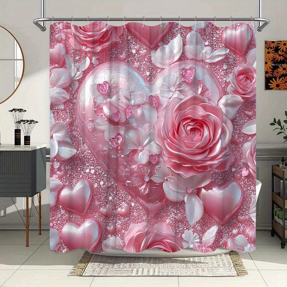 

Romantic Rose Heart Shower Curtain - Waterproof, Mildew-Resistant with Glittery Love Design for Valentine s Day Bathroom Decor W90XH180cm