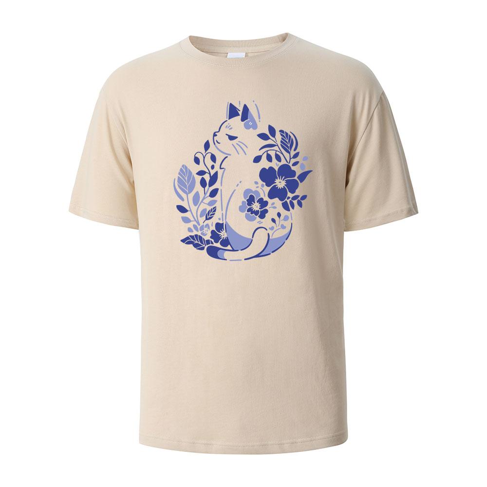 Mens Printed TShirt Blue And White Porcelain Cat Graphic 100Cotton Oneck Shortsleeved Tees For Men Women Summer Fashion Tops