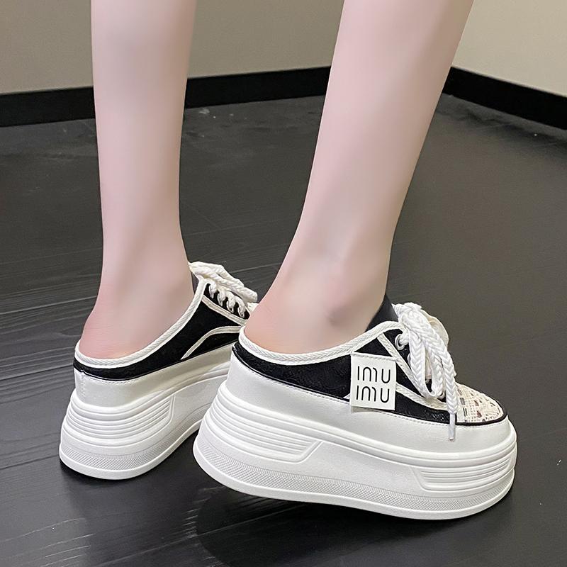 Fashion 9.5cm Increasing Height Women Slippers 2024New Summer Autumn Canvas Mules Shoes Ladies Round Toe High Wedge Platform Slides Shoe