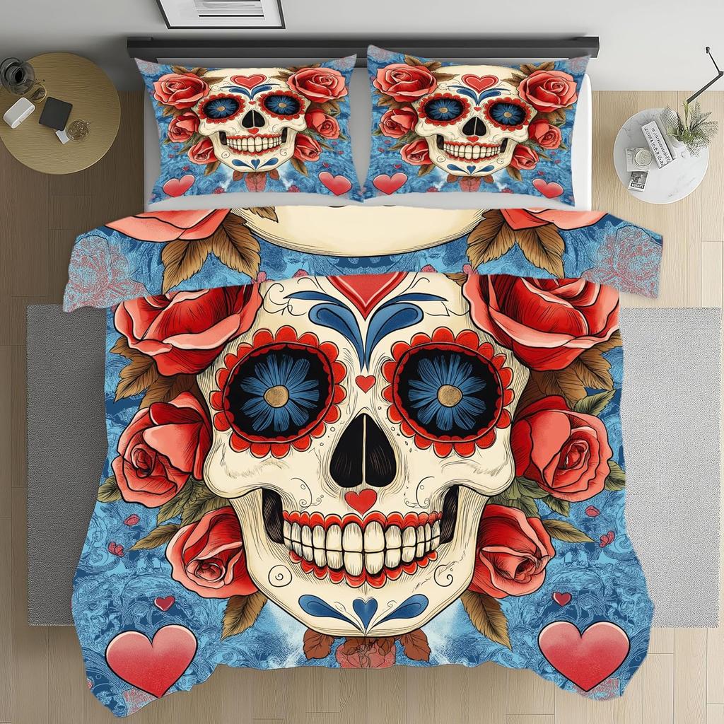 Gothic Style Skull Duvet Cover Set,Skeleton Bedding Set, Microfiber Duvet Cover Set with Zipper Closure for Teens and Adults