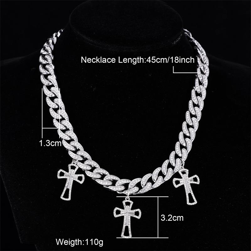 Bling Cross Pendant Cuban Link Chain Necklace Zinc Alloy Silver Plated Men's Fashion Premium Rap Party Jewelry