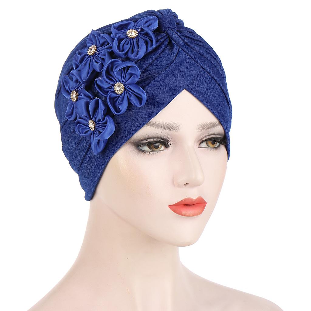Women Flowers Ruffle Turban Caps Muslim Elastic Pearls Headscarf Bonnet Ladies Hair Accessories Indian Cap Turbante Mujer