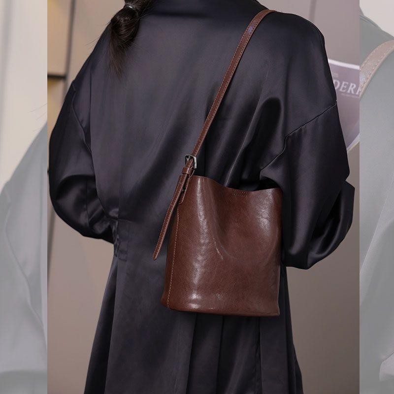 

Daily Work Clothing Shoulder Soft Leather Fancy Bucket Bag Coffee small size