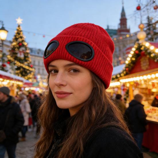 Strickmütze Einfarbig Warme Strickmütze mit Brillen-Dekor Elastisch Winddicht Wintermütze Outdoor Reisen Radfahren Tägliches Tragen