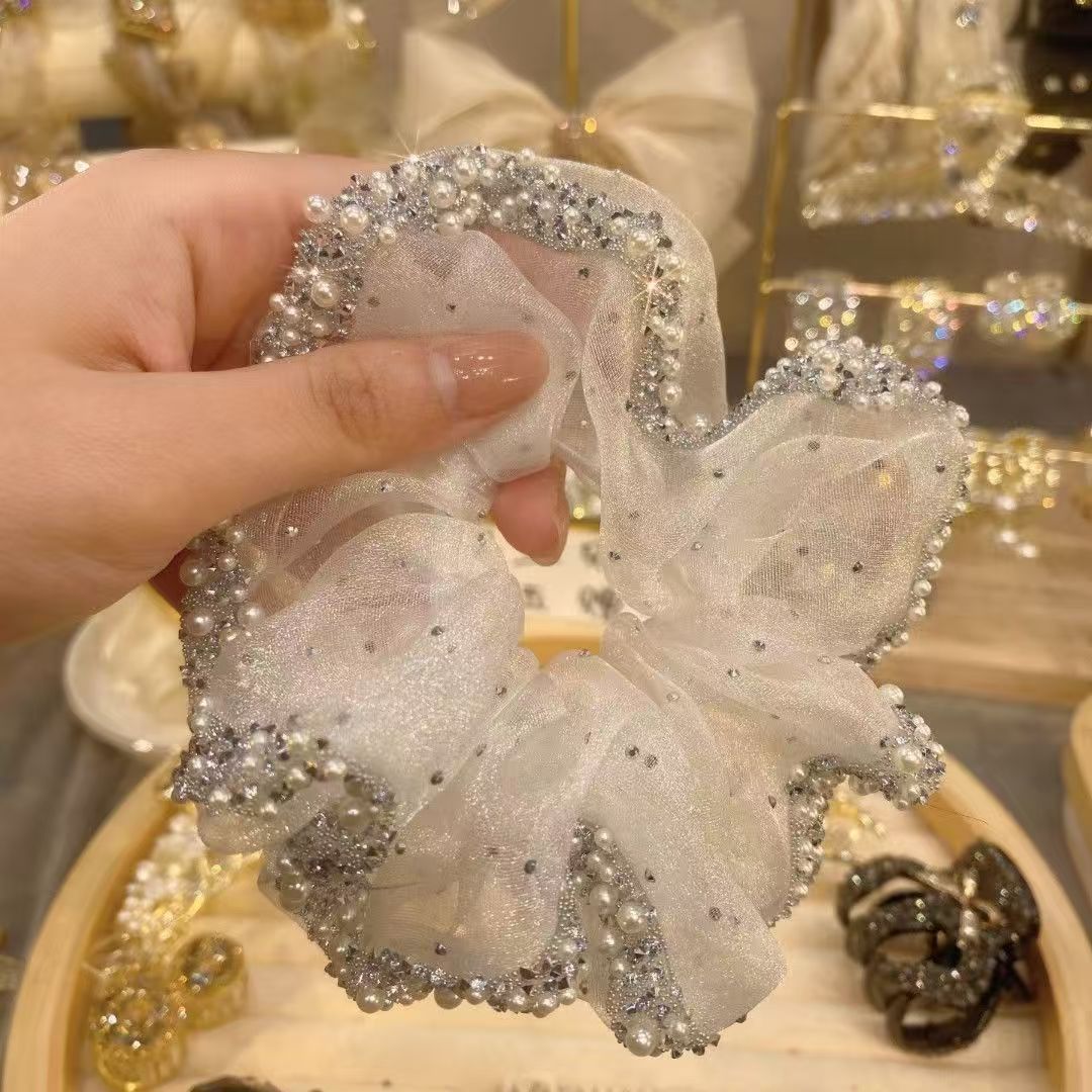 

1PC Organza Rhinestone Elastic Hairband Large Intestine Hair Ring Hair Rope Headdress Simple Head Flower New Headdress Hair белый