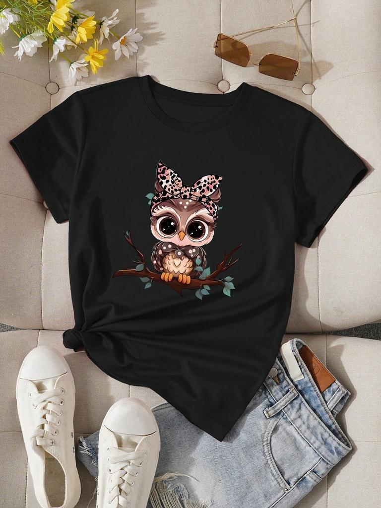 2025 Women's Summer Cartoon Owl Printed Round Neck Short Sleeve Casual T-Shirt Graphic Tees Women Tops