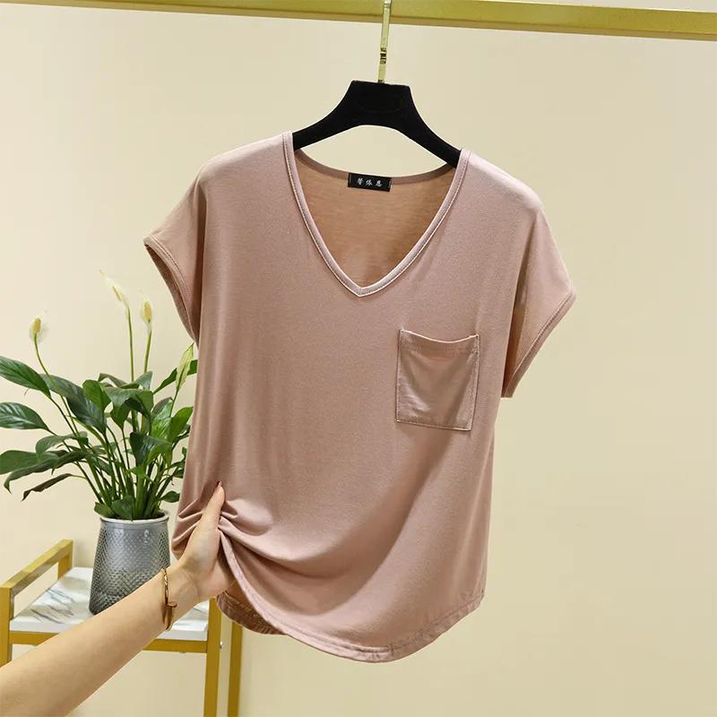 Women's Summer Short-sleeved Top with Thin Solid Color Loose Large V-neck Household Clothes