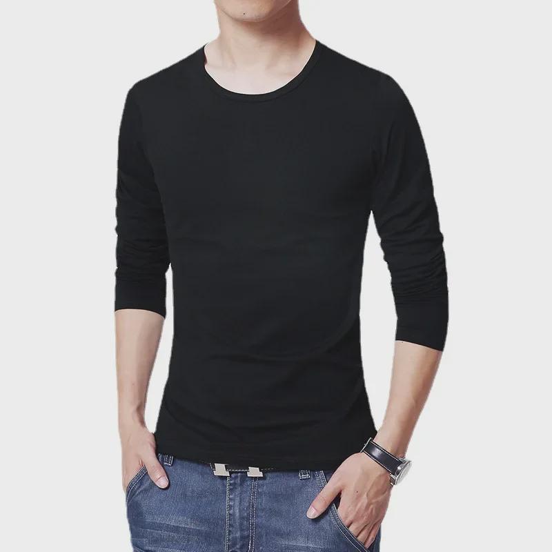 Men's Slim Fit Long-Sleeve Round Neck T-Shirt - Solid Color Autumn Top