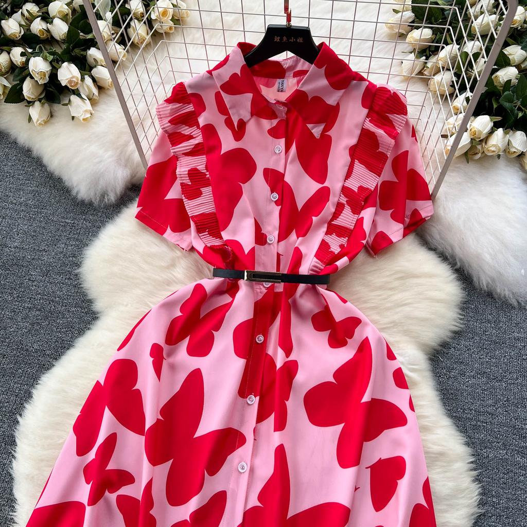 Šik Elegantní Potisk Jedlá Stromová Houba Krátký Rukáv Elegantní Zavinovací Límec Bodycon Šaty Módní Štíhlé Letní Šaty