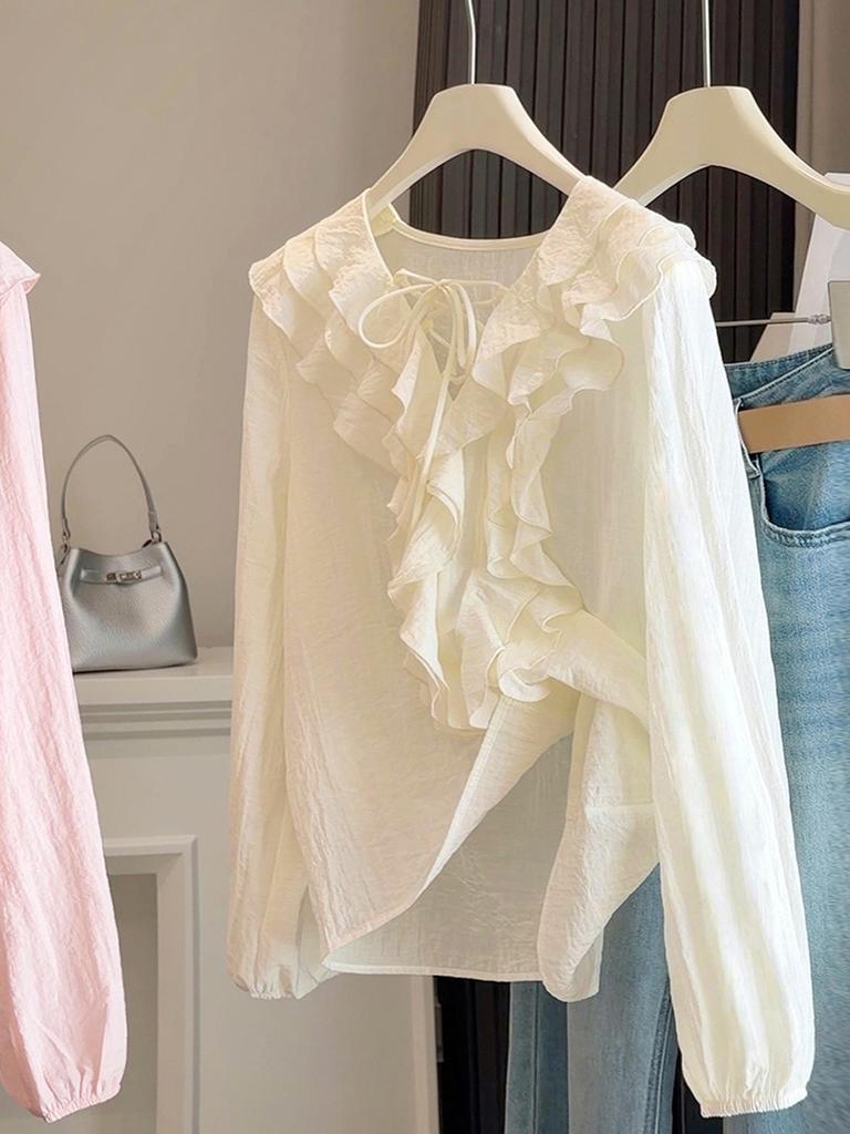 Spring Retro V-Neck Ruffle Lace-Up Women's Stylish Long-Sleeve Top - Versatile & Tummy-Concealing