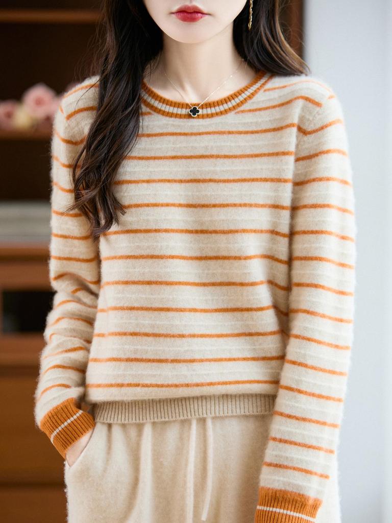 Women's Autumn 2025 Striped Cashmere Knit Sweater - Round Neck & Long Sleeve, Loose Fit