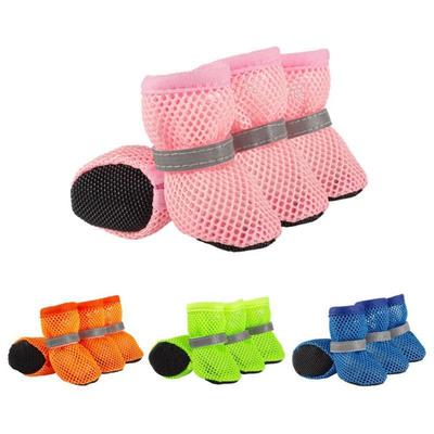 4pcs/set Breathable Dog Mesh Shoes Reflective Non-slip Dog Net Shoes Wear Resistant Hollow Out Dog Shoes Summer