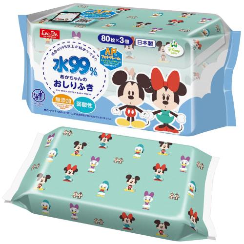 

LEC Disney 99% Pure Water Baby Wipes, Soft Type, 80 Wipes x 3 Packs (Mickey & Friends), Additive-Free, Mildly Acidic, Made in Japan