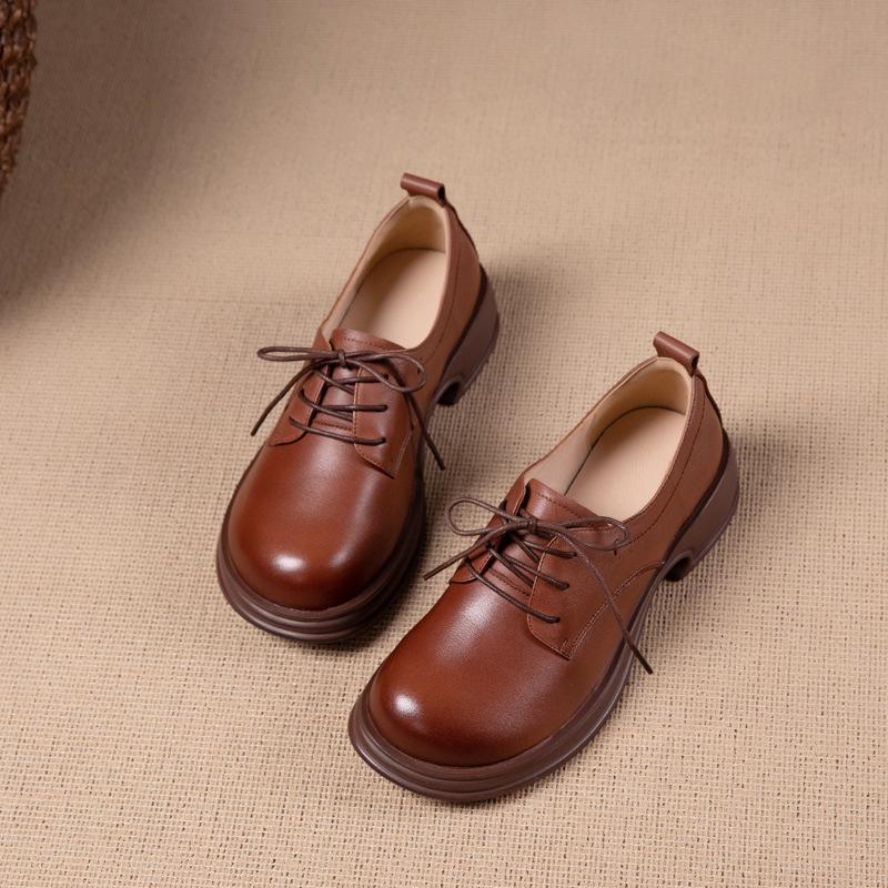 

Лоферы из коровьей кожи первого слоя женские весенне-осенние новые на шнуровке в стиле ретро британский стиль одинарная обувь маленькие кожаные туфли женская обувь 40