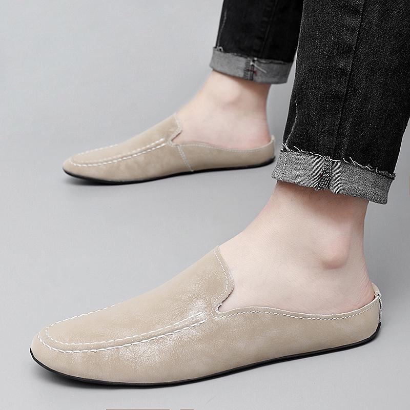 Leichte Sommer Pantoletten Herren Halbschuhe für Mann Hausschuhe Leder Herren Freizeitschuhe Slipper Zehensandalen Männliche Slides Flache Sandalen