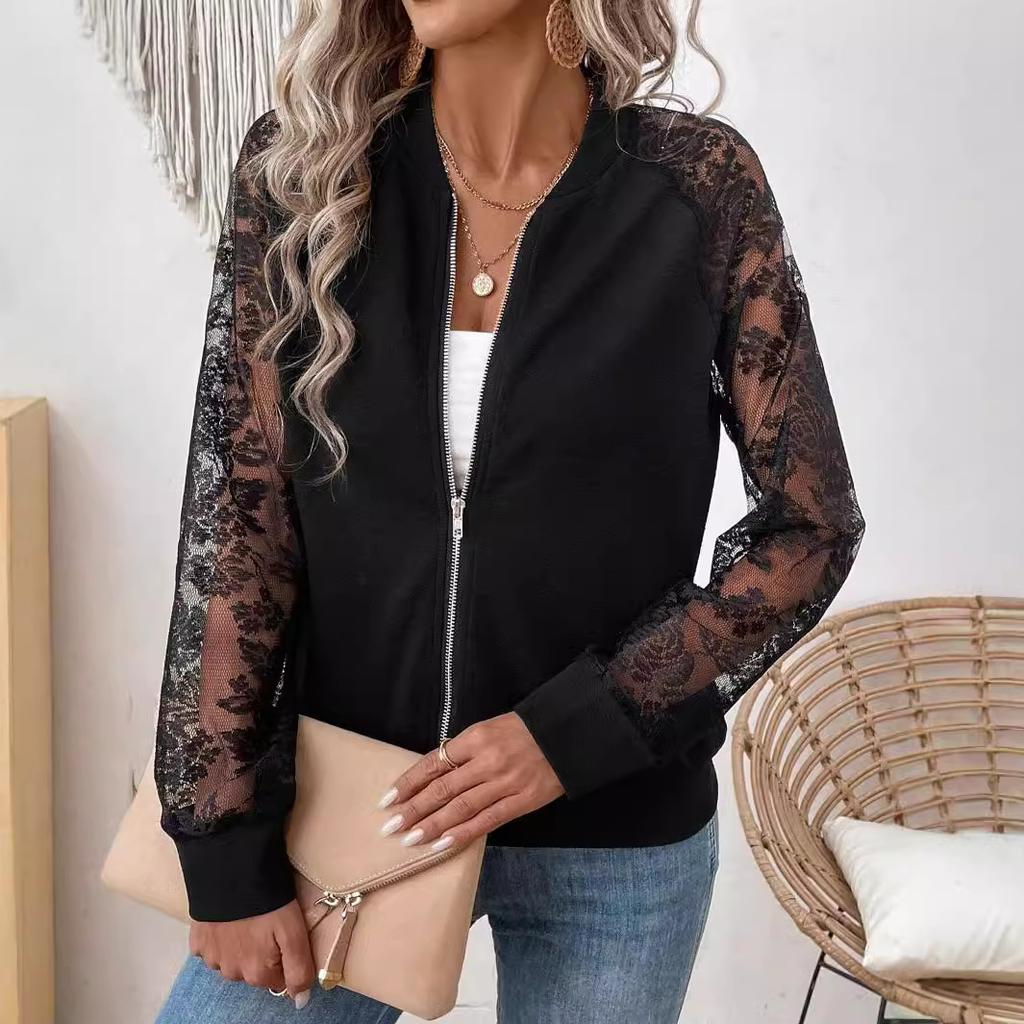 Chaqueta elegante de otoño e invierno con cuello de béisbol y manga larga con encaje para mujer