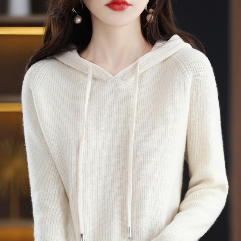 Women's 100% Wool Hooded Sweater - New Autumn/Winter Cashmere Knit Base Layer Hoodie
