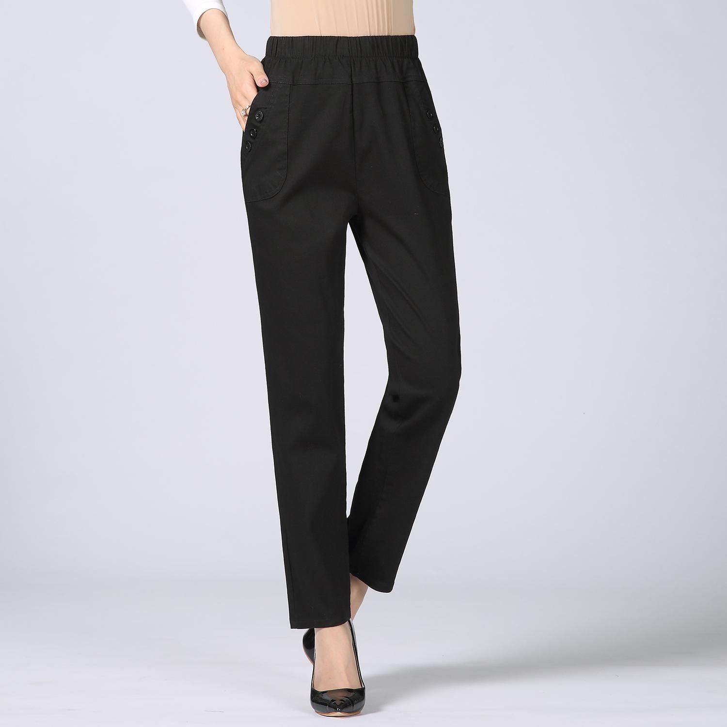 

Повседневные брюки с эластичной резинкой на талии, эластичные хлопковые женские брюки, прямые летние тонкие свободные брюки большого размера S чёрный