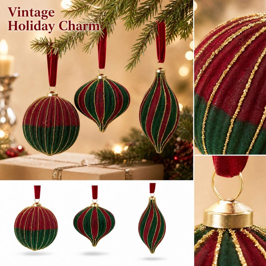 Flocked Christmas Ball Ornaments, Red and Green Vintage, Christmas Tree Hanging Decor, Round