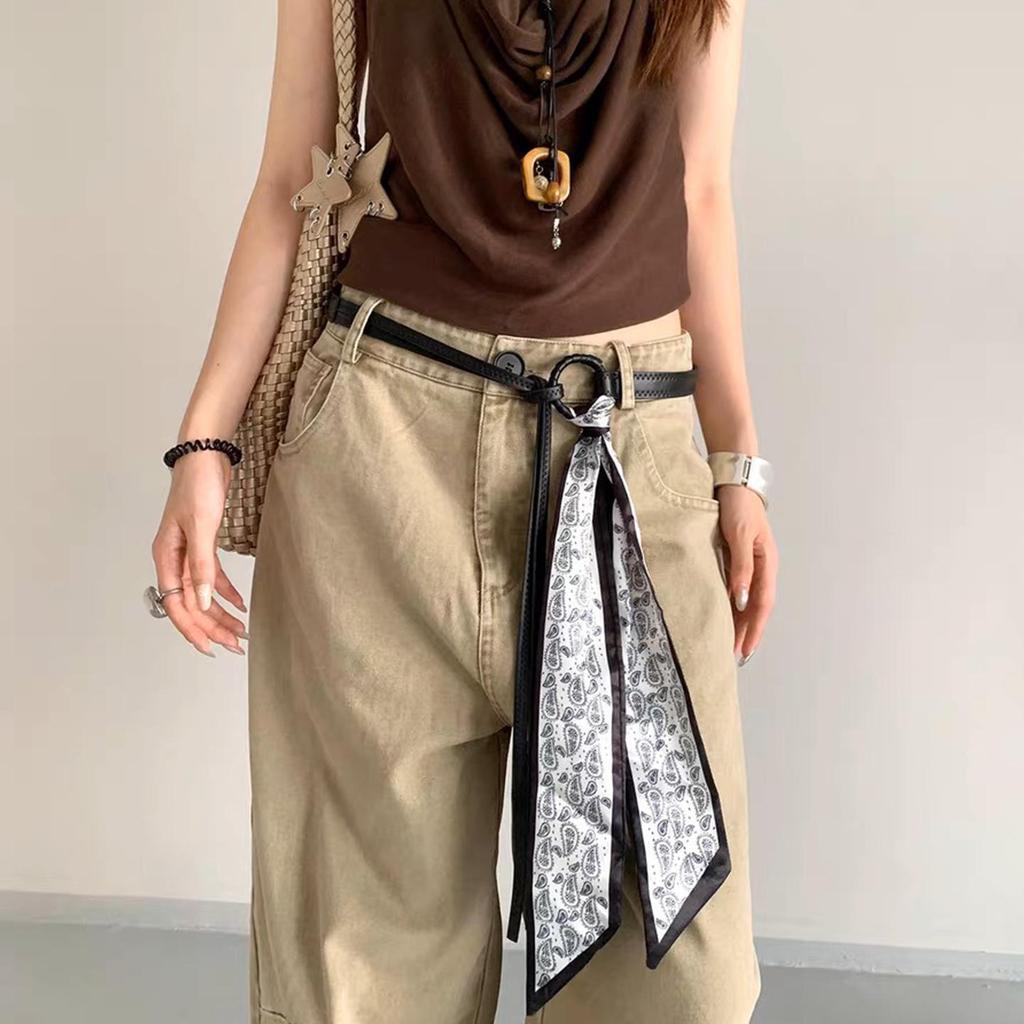 Ziyu Retro American Silk Scarf & Leather Belt with Waist Chain - Women's High-End Jeans Accessory 2025