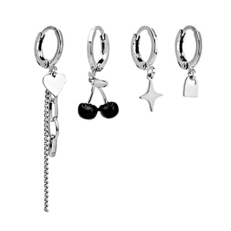 

Retro Earrings Set Distressed Silver Color Metal Tassel Chain Earring Irregular Geometric Hoop Earrings for Women Girl 1