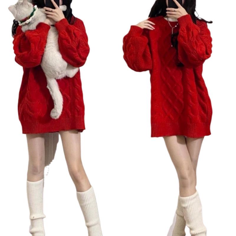Women's Red Cable Knit Sweater, Mid-Length, Thick Autumn/Winter 2023 Style