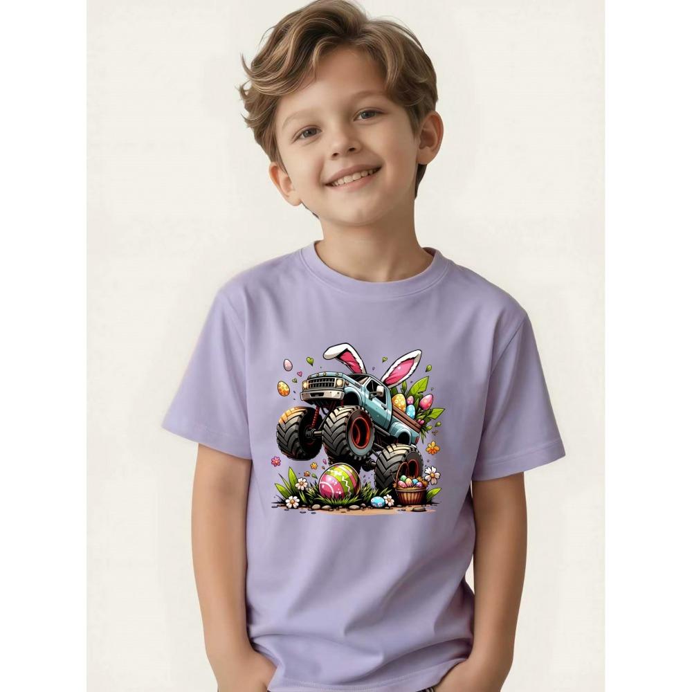 Children's T-shirt Bunny Ears Big Wheel Easter Egg Flower Print Boys Festival Short Sleeve