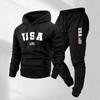 Men Women Hooded Sweatshirt Set With USA Flag Print Warm Fleece Lined Casual Sportswear Winter Outfit