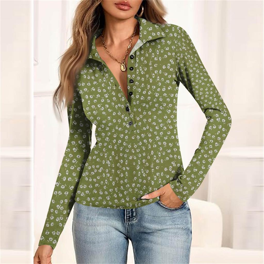 Women's Fashion Casual Printed V-Neck Long Sleeve Button-Down Top